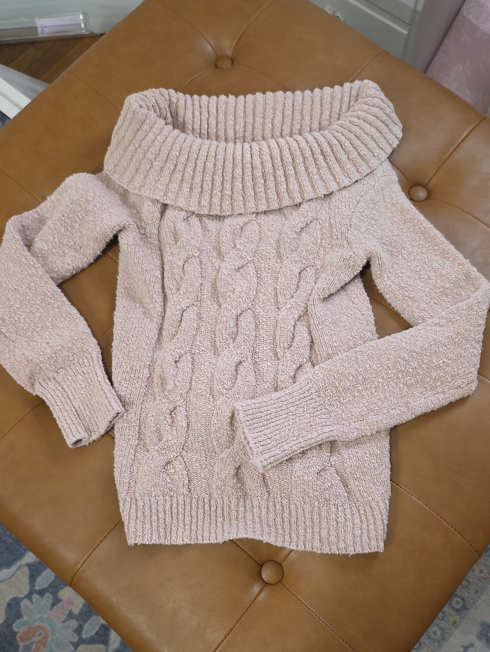 XS Free People Blush Pink Off-the-Shoulder Cable Knit Sweater